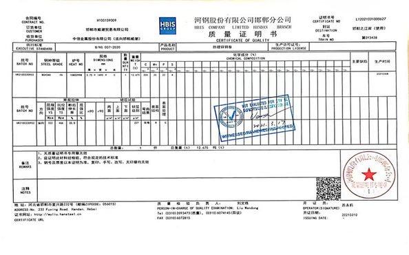 Chiny Mingyang  Steel (Jiangsu) Co., LTD Certyfikaty